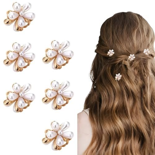 10 mini pinzas de pelo con perlas, minipinzas de garra de flores, clips de metal, accesorios decorativos para el cabello para mujeres, niñas, fiestas de cumpleaños, bodas (6)