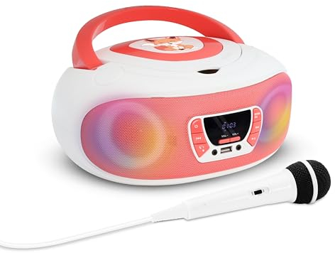 Mooov 477409 - Radio CD FM, Efectos Luminosos, función inalámbrica, USB, Pantalla LED, función Karaoke con Micro AUX-IN, Blanco y Rosa