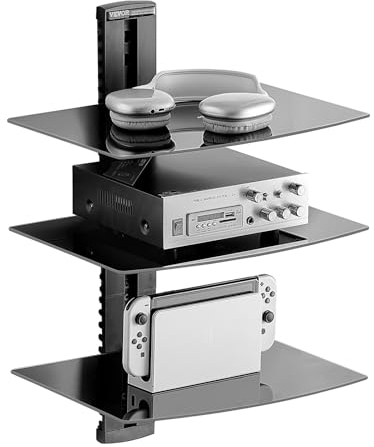 VEVOR Étagère Multimédia Mural à 3 Niveaux, Support Audio Visuel en Verre Trempé, Support pour Projecteur Capacité de Charge 8,2 kg, pour Lecteurs DVD/Décodeurs de Câbles/Consoles de Jeux, Maison