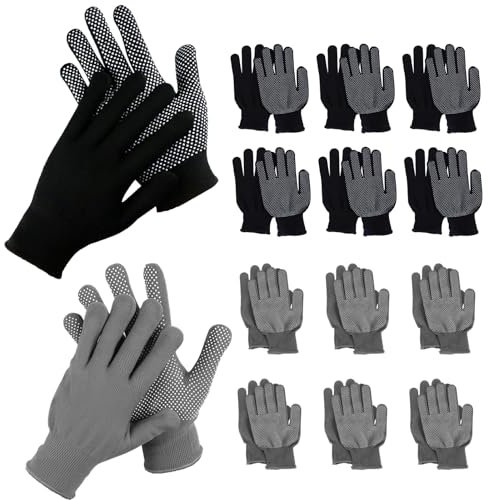 HexinYigjly 14 Paar Handschuhe Arbeitshandschuhe Herren Damen, Arbeitshandschuhe mit Grip Noppen, Nylon Anti-Rutsch Schutzshandschuhe, Gartenhandschuhe Herren für Arbeit, Auto, Lager - Grau/Schwarz