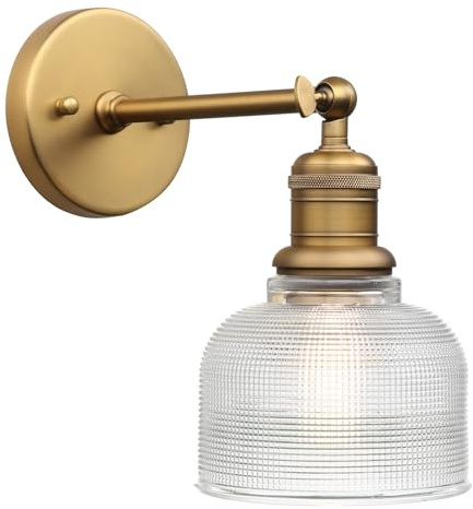 Yosoan Brass Gold Boho Vintage Wall Sconce with Striped Bowl Shade, 1-Light Modern Vanity Industrial Wall Mounted Hardwired Texture Glass Shade for Living Room Bedroom Fireplace Hallway(Antique)