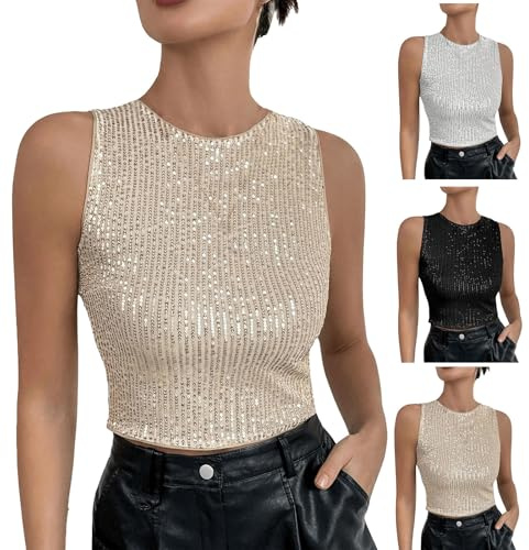 Glittertoppar damer – crop toppar kort magfri tank topp paljetter tankskjorta ärmlös axelfri tunika väst enfärgad elegant linne gnistrande festväst smal passform Y2K skjorta, svart, M