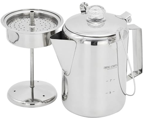 Rostfritt stål 9-koppars perkolator kaffekanna för camping, spishäll och lägereld användning - hållbar, korrosion - bryggning
