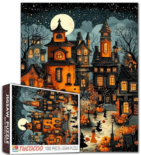 Casse-tête Happy Halloween de 1 000 pièces pour adultes, familles (château, pleine lune, citrouille, sorcière, fantôme) qui s'adaptent parfaitement ensemble – 50 x 70 cm – Puzzle magique à encadrer