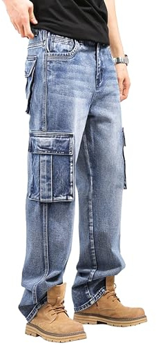 Jeans cargo da uomo casual larghi hip hop in denim jeans da lavoro hip hop con tasche, Azzurro chiaro, M