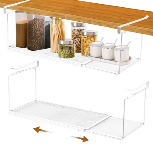 Veftsvy Ajustable Cesta Colgante para Debajo de la Estantería, Almacenaje de Cocina bajo Balda Estante de Metal para Colgar Debajo del Dscritorio 38.5-70 cm, para Armarios de Cocina (Blanco)
