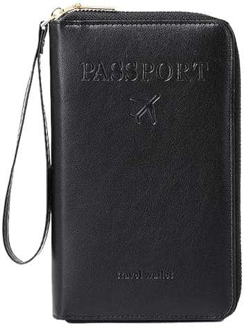 Portefeuille de voyage en cuir multifonction avec bloqueur RFID, porte-cartes et passeport avec fermeture éclair et fentes pour cartes, housse de protection pour passeport, pochette portefeuille pour