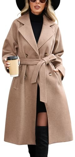 CMTOP Women's Long Coats Double-Breasted Notch Lapel Trench Coats, Windproof Elegant Classic Casual Trench Jacket, Slim Fit Outcoat with Pockets and Belt for Spring Autumn Winter(Khaki,XXL)