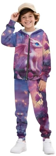 Dremagia Dragon Sweatsuit Little Boys Clothes 2 Piece Long Sleeve Zip Up Kids Sweatshirt Hoodie and Jogging Sweatpants Drop Shoulder Fall Winter Outfits with Pockets for School Street Sport