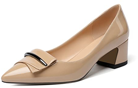 EDEFS Escarpins Femme Talon Bloc Bout Pointu - Boucle Métallique Élégants pour Fête Mariage et Événements de Soirée Beige Verni Taille EU43