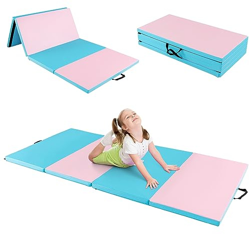 COSTWAY 240 x 120 x 5 cm Weichbodenmatte, Gymnastikmatte klappbar, Yogamatte mit Klettverschluss und 2 Tragegriffe, Turnmatte, Klappmatte, Fitnessmatte für Gymnastik, Yoga, Training (Blau+Rosa)