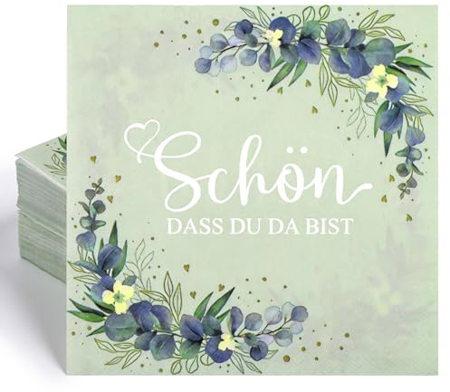 100 Stück Servietten Schön Dass Du Da Bist, Salbeigrün, 33x33 cm