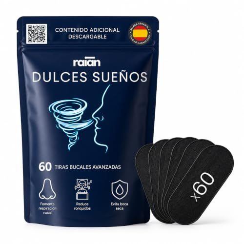 Raian Dulces Sueños Mouth Tape ÉLITE Premium 60 Unidades, Tiras Bucales Avanzadas, Cinta Bucal para Dormir, Adhesivo Suave, Favorece la Respiración Nasal, Ayuda a Dormir con la Boca Cerrada + QR.