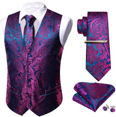 Barry.Wang Ensemble de 5 gilets en soie cachemire floral pour homme avec boutons de manchette, cravate, mouchoir, boutons de manchette, clip, Violet et bleu., XL