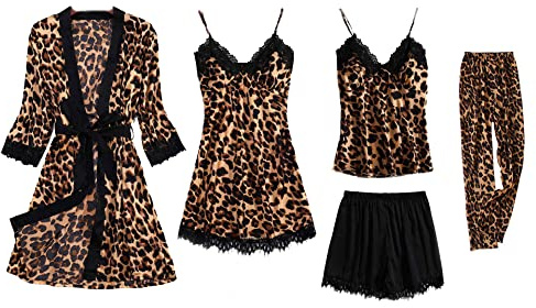 QraraZL Set Pigiama Donna 5 Pezzi in Raso, Set Pigiama con Abito Kimono in Pizzo, Pantaloncini Sexy e Pantaloni Lunghi 5 Pezzi, con Imbottitura sul Petto Leopardata XL