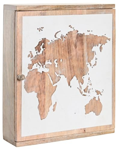 LEKE GO Caja guardallaves mapamundo de Madera Mango Natural con 9 colgadores (Caja Llaves)