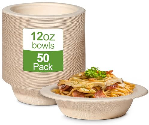 GREENESAGE 50 cuencos desechables para sopa, platos soperos, 350 ml, de caña de azúcar, vajilla desechable, cuenco para ensalada, marrón, cuenco de sopa desechable, orgánico, redondo, una vez