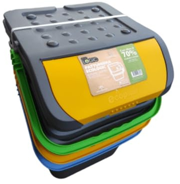 Ecoplast | Tris di Pattumiere per Raccolta Differenziata 28 Lt, Colori Assortiti Giallo/Verde/Blu, 38x36,5x37, Made in Italy