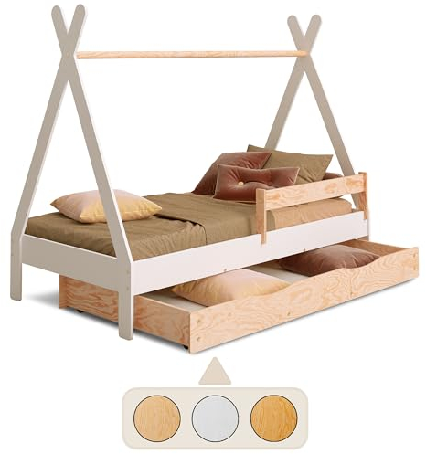smartwood Tipi D Kinderbett 90x180 mit Lattenrost und Rausfallschutz - Montessori Hausbett mit Schublade für Jungen und Mädchen - Holzbett mit Rausfallschutz und Lattenrost - 180x90 - Weiß
