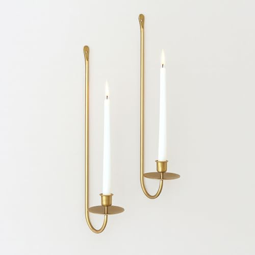 Remenna Wall Candle Holders Set of 2 Handcrafted Wrought Iron Sconces with Gold Finish, Easy to Install Modern Candle Holders for Living Room, Bedroom, Hallway, Wedding or Holiday Decor