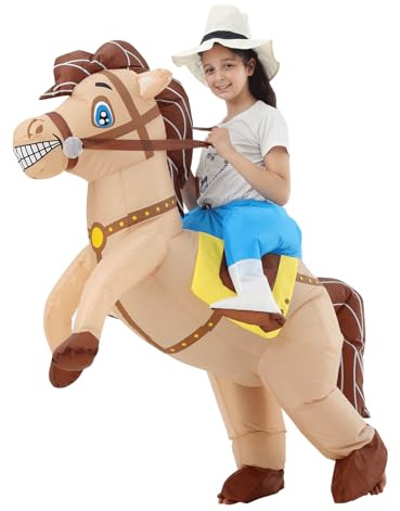 JOYBRO Disfraz Hinchable de Vaquero a Caballo para Niños, Divertido Traje de Vaquero Montado para Niños y Niñas, Ideal para Halloween, Navidad, Cosplay y Fiestas Temáticas, Talla Única 120–150 cm