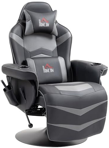 HOMCOM Relaxsessel mit Massagefunktion, Fernsehsessel mit Liegefunktion, Kissen, Drehbar TV-Sessel mit Fernbedienung, Becherhalter und Seitentasche, Kunstleder, Grau