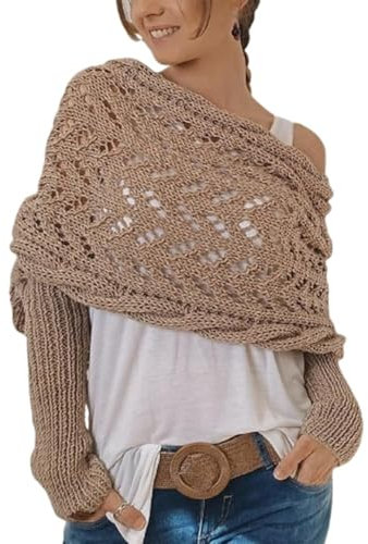 Hiborth Strickschal mit Ärmeln für Damen Multifunktionales Schal Sweater mit Ärmeln, Kabelmuster Wickelschal, Bequemer Strickschal (Kamel)