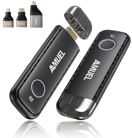 𝟐𝟎𝟐𝟓 𝐔𝐩𝐠𝐫𝐚𝐝𝐞 Wireless HDMI Transmitter and Receiver, Plug & Play with 3 HDMI Adapters, 98FT/5GHz HDMI Wireless Extender for Monitor, HDTV, Streaming Video/Audio, Camcorders, Laptop,Projetor