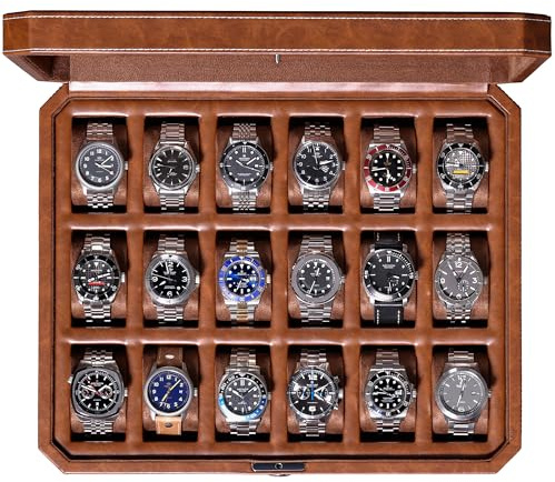 ROTHWELL Boîte à montres avec 18 compartiments - Boîte de luxe pour homme - Dessus en verre véritable - Verrouillable - Affichage élégant pour collections (marron/brun clair)