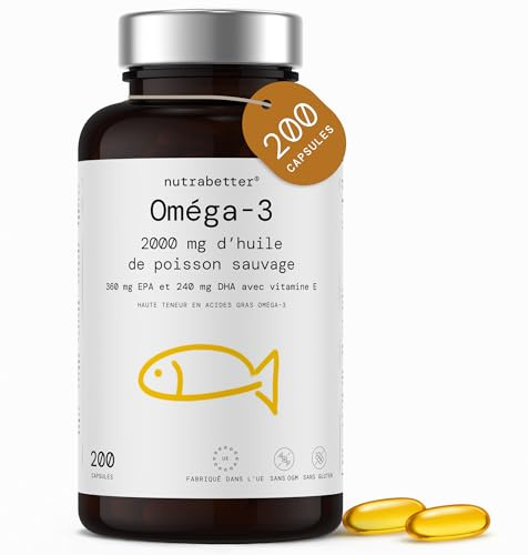 Omega 3 capsulas 2000mg | 200 Perlas | 600mg de Omega-3 puro + Vitamina E | Calidad Testada | Ácidos Grasos Omega 3 para Salud del Corazón, Cerebral y de la Presión Sanguínea | nutrabetter®