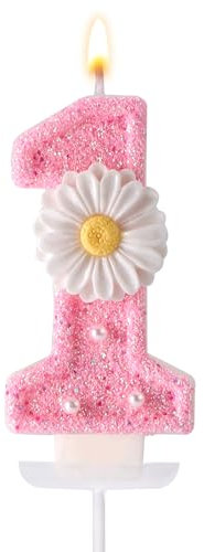 Candela di compleanno 1 rosa, 7,1 cm, dolce margherita glitterata, vassoio e asta, per la prima festa di compleanno, decorazione per torte e regali