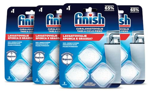 Finish Cura lavastoviglie a Ciclo Pieno, 4 Confezioni da 3 Pastiglie di Cura Lavastoviglie, Additivo per una Lavastoviglie Pulita dai Residui di Grasso e Sporco