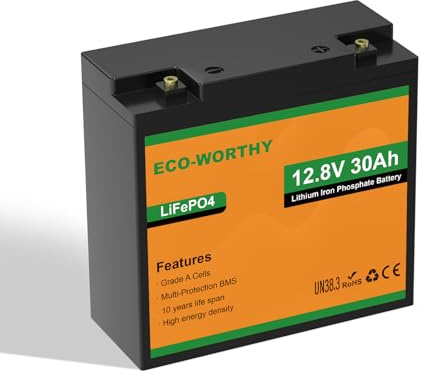 ECO-WORTHY LiFePO4 12 V 30 Ah med 25 A BMS-skydd och max. 15 000 cykler, 384 Wh litiumbatteri 12 V 30 Ah för elektriska rullstolar, elektriska bilar, båtar