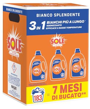 Sole Detersivo Lavatrice Bianco splendente 183 Lavaggi, Formula igienizzante, Detersivo Lavatrice Liquido Bianco Splendente, rimuove le macchie a basse temperature