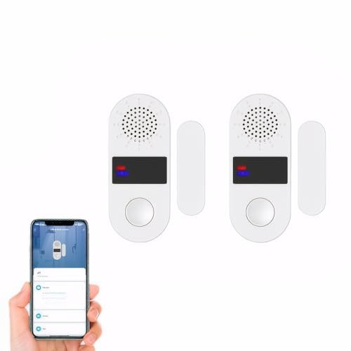 Mengshen 2-pack Smart dörrsensor trådlös WiFi-dörr fönsterlarm kompatibel med Alexa Google Assistant realtidstelefonaviseringar 130dB larm lätt att installera