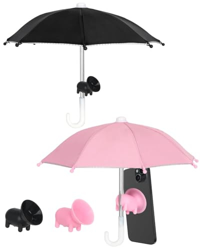 JIPUKE 2Pcs Phone Umbrella for Sun, with Piggy Suction Cups,Universal Adjustable Umbrella for Outdoor Photography, Cycling, Motorcycling, Black and Pink