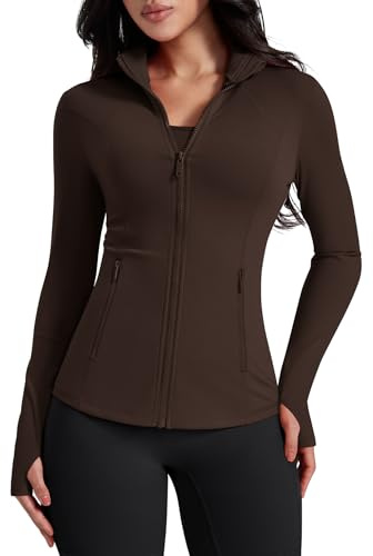 AVGO Womens Workout Jackets Lightweight Athletic Zip Up Jacket Slim Fit Running Gym Top with Pockets & Thumb Holes(Roasted Brown, L)
