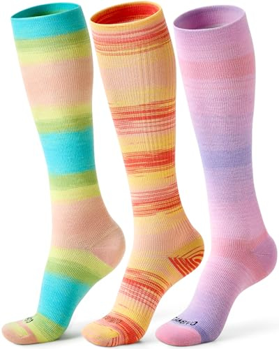 CAMBIVO Calze a Compressione Graduata 15-20 mmHg, Gambaletti Compressione Morbide Effetto Cotone, con Supporto Arco Plantare, Calzini Elastiche Running Sfumate per Sport, Viaggio e Lavoro, 3 Paia