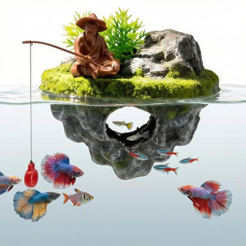 XuanFain Aquarium Floating Island Decoration with Interactive Fish Feeding Hook,Fish Tank Decorations for Betta,Guppy & Shrimp,Safe ABS Material Floating Fish Tank Decorations,3D Old Man