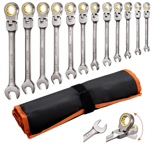VEVOR Set di Chiavi Combinate a Cricchetto Flessibile 12 Pezzi, Set di Chiavi a Cricchetto con Testa Snodabile, Meccanismo a 72 Denti, Misure SAE, in Acciaio Cr-V, con Custodia, per Uso Casa e Auto