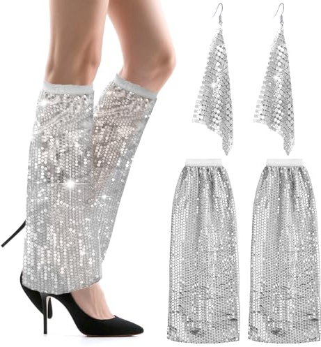 Disco Fancy Dress Women 2pcs, Shiny Disco Leg Warmer with Sequins Earrings Abba Glitter Leg Warmers 70s Abba Fancy Dress Costume Set 1970s Fancy Dresss for Girls Women 70s 80s Discos Party (Silvery)