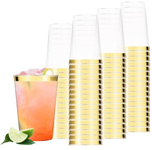 60 vasos de plástico con borde dorado, 350 ml, reutilizables, de plástico, elegantes, para fiestas, cócteles, para cumpleaños, bodas, cócteles (11,1 x 7,4 cm)
