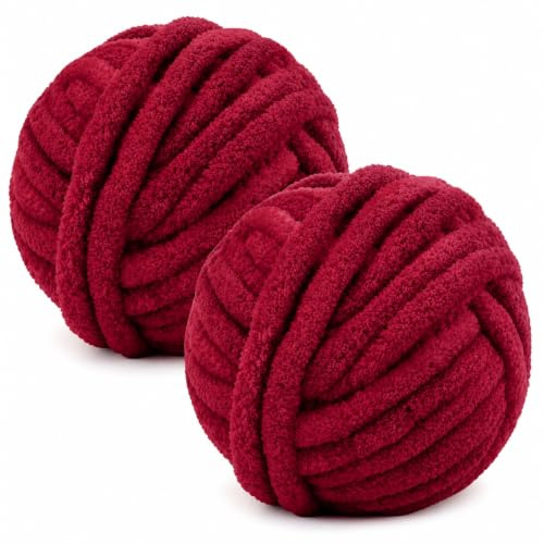 Chunky Chenille Yarn 500g, Super Chunky Wool for Hand Knitting Blankets | Bafeil Jumbo Yarn for Crochet, Cushions & DIY Home Decor, Soft Fluffy Chunky Knitting Wool, Burgundy