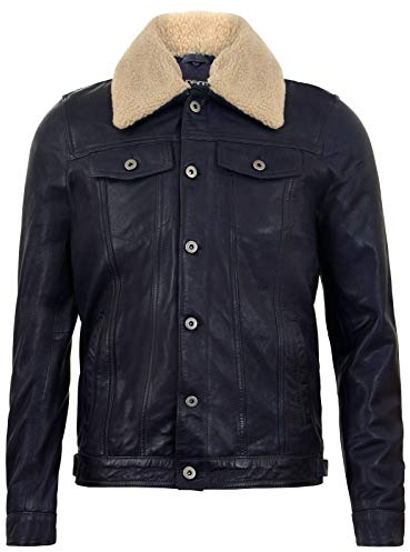 Herr läderjacka trucker avtagbar fårskinn sherpa krage casual jeans rock, Marinblått Xsp, XS