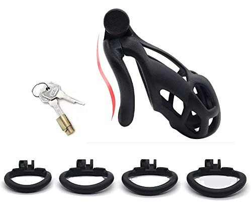 ChicLSQ Belüftung Peniskäfig Keuschheitsgürtel Set mit 4 Cockringe Klein Keuschheit Keuschheitskäfig Mann Bondage Extrem für Männer Keuschheit Penis Käfig Schwarz (Gebogener Ring-M)