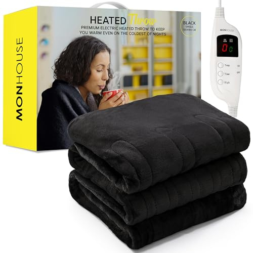 MONHOUSE 130X160 cm Soft Electric Sofa Blanket -Fleece Single Heated Throw With Digital Controller - Machine Washable Bed Throw, Timer up to 9 hours, 9 Heat Settings, Auto Shutoff - BLACK