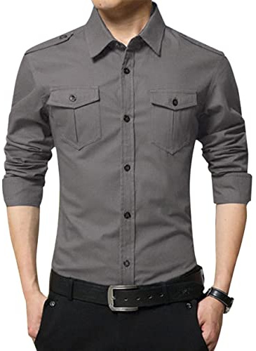 XTAPAN Camisa casual Slim Fit de algodón de manga larga con botones para hombre, H-gris-dos bolsillos, Large