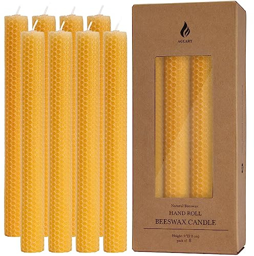 8PCS 9 Hand-Rolled Beeswax Taper Candles, Real Pure Beeswax, Handmade Honeycomb Candles, Flat Top, Brown Raw