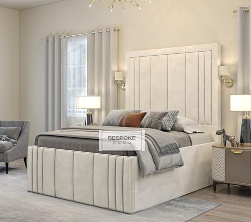 BESPOKE BEDS Upholstered Ottoman Storage Bed, Plush Velvet Bed Frame With Storage, Double, Super King (Cream Plush Velvet, 6FT)