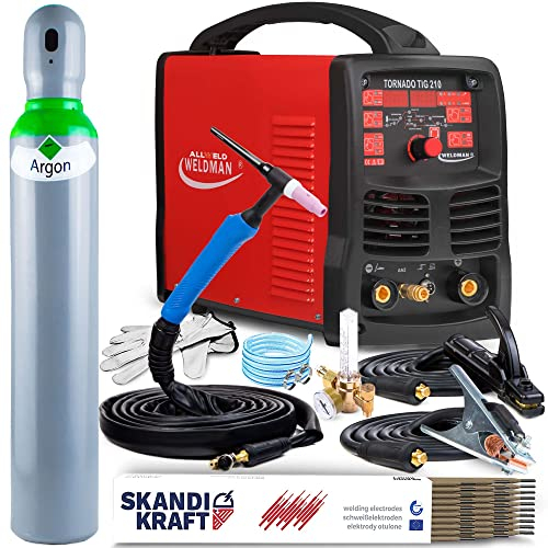 Weldman TORNADO TIG 210-200A HF WIG Schweißgerät AC DC mit Puls MMA-Schweißfunktion - 2T/4T, Pre Flow und Post Flow - Aluminium Schweißgerät mit Fernsteuerung Möglichkeit, Set: Professional